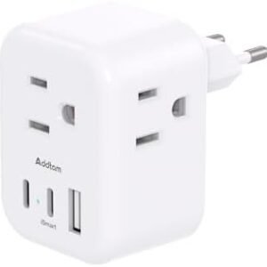 European Travel Plug Adapter, Addtam International Power Adapter with 3 Outlets 3 USB Charging Ports(2 USB C), Type C Adapter Travel Essentials to Most Europe EU Spain Italy France