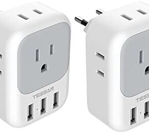 TESSAN European Travel Plug Adapter 2 Pack, US to Europe Power Adapter with 4 AC Outlets and 3 USB, Euro Charger Adaptor Type C for USA to EU Spain France Iceland Italy Germany Greece