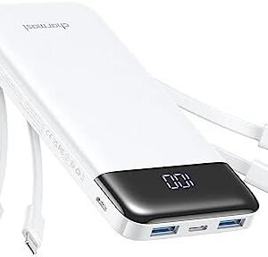 Portable Charger with Built in Cables, Portable Charger with Cords Wires Slim 10000mAh Travel Battery Pack 6 Outputs 3 Inputs 3A Fast Charging Power Bank for Samsung Google Pixel LG Moto iPhone iPad