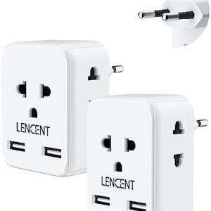 LENCENT 2 Pack European Travel Plug Adapter Converter, International Power Adaptor with 3 Outlets 2 USB Charger, US to Most of Europe EU Italy Spain France Iceland Germany Greece Israel Norway, Type C