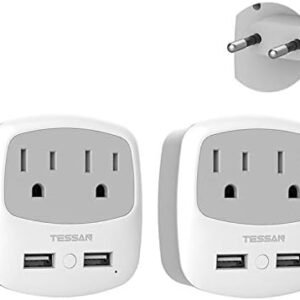 TESSAN European Travel Plug Adapter 2 Pack, US to Europe Power Adaptor with 2 USB 2 AC Outlets, International Charger Converter USA to Most of EU Italy Iceland Spain France Greece Germany (Type C)