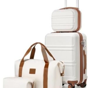 Kono Luggage Set 4 Piece Carry On Hardside Luggage with TSA Lock Spinner Wheels Carry On Suitcase Cream White