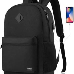 Black Backpack for Women Men,Casual School Backpack Teen Boys and Girls 15.6 Inch Laptop Bookbag with USB Charger for College High School Travel Business