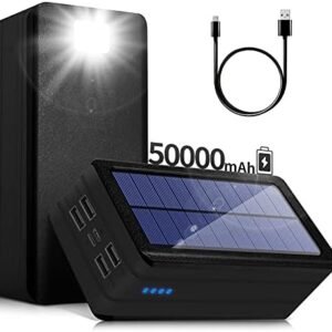 Solar Power Bank 50000mAh, Portable Solar Phone Charger with Flashlight, 4 Output Ports, 2 Input Ports, Solar Battery Bank Compatible with iPhone, for Camping, Hiking, Trips