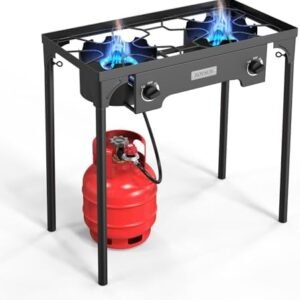 ROVSUN 2 Burner Outdoor Propane Gas Stove 150,000 BTU High Pressure Stand Cooker for Backyard Cooking Camping Home Brewing Canning Turkey Frying, 20 PSI Regulator