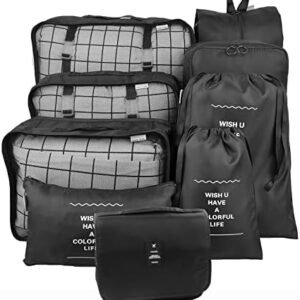 GuaziV 9 Set Packing Cubes,Travel Luggage Bags Packing Organizers Set with Hanging Toiletry Bag(Black)