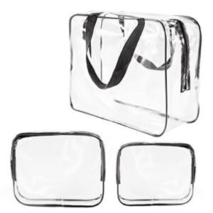 3Pcs Crystal Clear PVC Travel Toiletry Bag Kit for Women Men, Waterproof Vinyl Organizer Makeup Bags with Zipper Handle Straps, Cosmetic Bag Pouch Carry on Airport Airline Compliant Bag Handbag