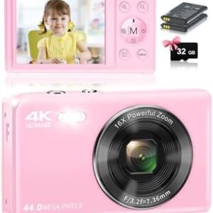 Digital Camera,4K 44MP Kids Digital Camera with 32GB SD Card Compact Point and Shoot Camera with 16X Digital Zoom 2.4 Inch Portable Small Camera for Kids Teens Adults-Pink