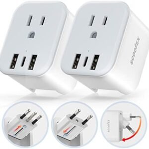 2 Pack Foldable European Travel Plug Adapter with 3 USB (1 USB-C Port) and 1 AC Power Outlet Charger for US to Most of Europe France Germany Spain and Italy (Type C/L)