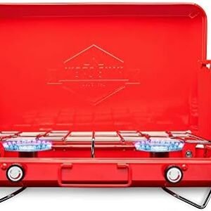 Hike Crew Gas Camping Stove | Portable Double Propane Burner | Built-in Carrying Handle, Foldable Legs & Wind Panels | Includes Regulator Tube