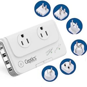 Ceptics Travel Voltage Converter -200W Convert 220V to 110V for Curling Iron, Straightener, Charger Step Down World Power Plug - 4 USB PD 18W Fast Charging - SWadApt - Type A, B, C, E/F, G, I Include