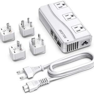 BESTEK Universal Travel Adapter 100-220V to 110V Voltage Converter 250W with 6A 4-Port USB Charging 3 AC Sockets and EU/UK/AU/US/India Worldwide Plug Adapter (White)