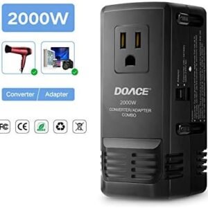 DOACE C8 2000W Travel Voltage Converter 220V to 110V for Hair Dryer Steam Iron, 8A Universal Power Adapter with All in One UK/AU/US/EU Worldwide Plug Wall Charger for Laptop Tablet Camera Cell Phone