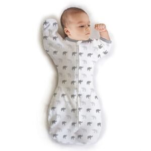 Amazing Baby Transitional Swaddle Sack with Arms Up Half-Length Sleeves and Mitten Cuffs, Tiny Elephants, Sterling, Medium, 3-6 months, 14-21 lbs (Better Sleep for Baby, Easy Swaddle Transition)