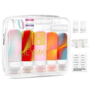 HEYMKGO 24 Pack Travel Bottles Set for Toiletries with Bag Label Tsa Approved 3oz Silicone Travel Containers Leak Proof Shampoo and Conditioner Bottles Jars Kit