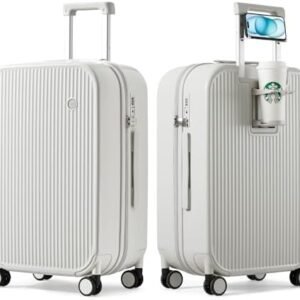 mixi Checked Luggage with Cup Phone Holder Hard Shell Rolling Travel Suitcases with Spinner Wheels,24 Inch Smoke White