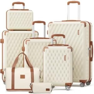 Melalenia Luggage Sets 7 Piece Suitcase Set, Hard Shell Carry on Luggage Travel Suitcases with Spinner Wheels and TSA Lock, Lightweight Luggage Set for Women, Beige Brown