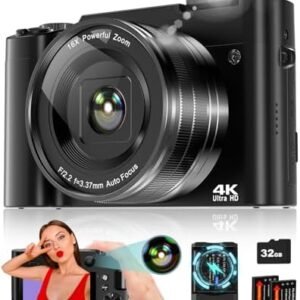 4K Digital Camera for Photography, 64MP Autofocus Vlogging Camera for YouTube with Selfie Lens, Compact Travel Video Camera with Flash, 16X Zoom, Anti-Shake, 32GB Card, 2 Batteries(Black)