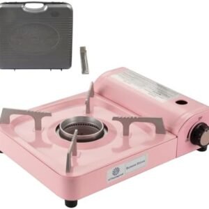 HTHomeprod Camping Stove Pink Portable Butane Stoves Gas Fuel Windproof Single Burner Outdoor Cooker With Carry Case Wind Guard