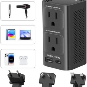 220V to 110V Voltage Converter US to Europe Travel Plug Adapter International Universal Travel Adapter with 1 USB A and 1 USB C, Power Converter Adapter Combo