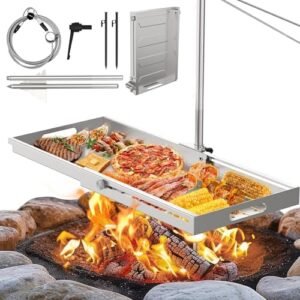 Stainless Swivel Campfire Grill, Heavy-Duty Campfire Cooking Grate w/Adjustable Height and Size, for Outdoor Barbecue Cooking.Specially Ground Pegs for Stability.