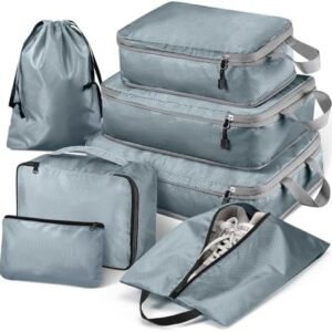 Hommtina Compression Packing Cubes for Suitcases, 7 Set Travel Organizer Cubes for Women/Men (Gray)