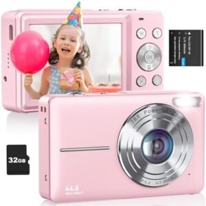 Digital Camera, FHD 1080P Camera, Compact Point and Shoot Digital Camera with 32GB Card, 16X Zoom Anti Shake Small Digital Camera for Kids Girls Boys Students, Pink