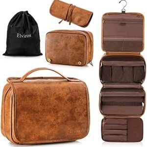 Elviros Toiletry Bag Hanging Travel Organizer for Men and Women, 3 in 1 Multifunctional Large Makeup Cosmetic Case for Toiletries Accessories, Water-resistant PU Leather Bathroom Dopp Kit Shaving Bag