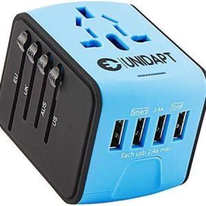 Unidapt Universal Travel Adapter, International Plug Adapter Fast 2,4A 4-USB European Power Plug, AC Wall Charger – Worldwide Outlet for Europe US USA UK EU AUS, Blue