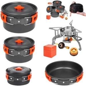 Camping Cookware Mess Kit Set with Stove - Backpacking Compact Camping Cookware, All in One Non-Stick Camping Cooking Set, Portable Stove, Hiking, Picnic, Outdoor & Camping Cookware Set