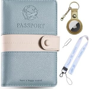 RFID Passport Wallet with Airtag Passport Holder, Zipper Pocket, Pen Slot & SIM Card Pin (Blue)